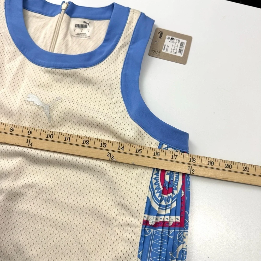 NWT Puma Superstition Women's Sz S Basketball Tank Top Pleated Sided Ivory /Blue